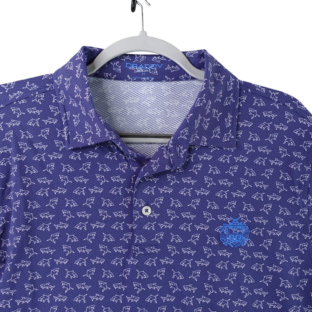 B. Draddy Polo Shirt Men M Blue Shark Print Performance Golf Short Sleeve 10875